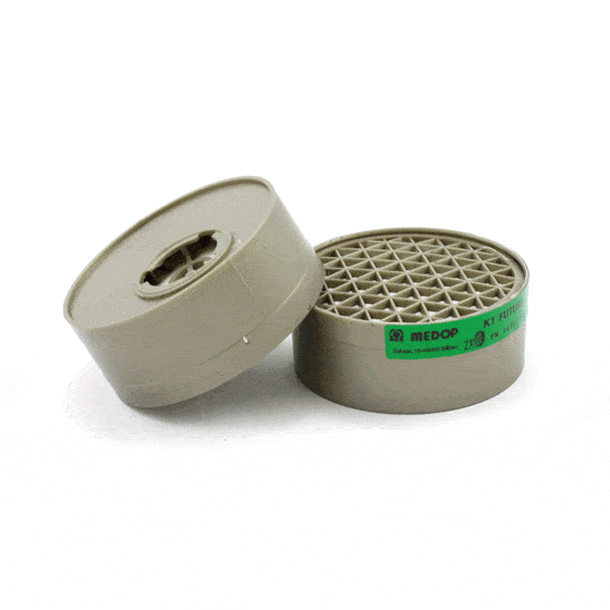 O filtro K1 da Medop é um protetor respiratório com marcação K1 que oferece proteção contra amoníaco, disponível para buconasais com conexão de baioneta.