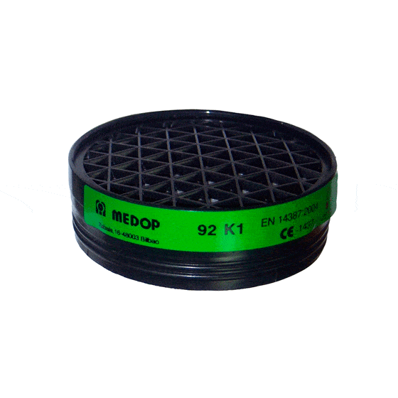 El filtro K1 de Medop, un protector Respiratorio con marcado K1, protege frente a gases y vapores, válido para buconsales con cierre a Rosca.