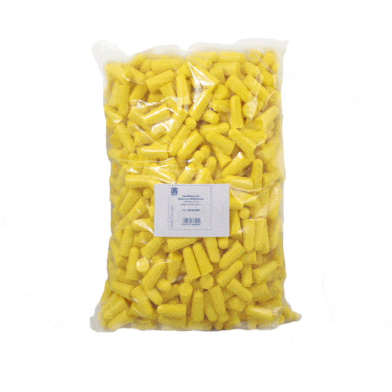Medop yellow hypoallergenic single use foam earplugs. They gently expand inside the ear canal. Ideal for noisy environments. SNR 36 dB