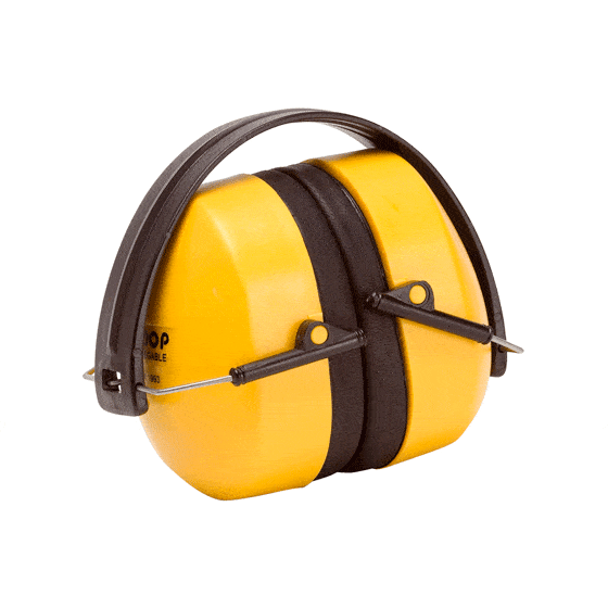 Faltbare gelbe Kapselgehörschützer, die nach dem Gebrauch keinen Platz wegnehmen. SNR 31 dB