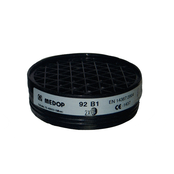 Il filtro B1 di Medop, un protettore respiratorio con marcatura B1, protegge contro gas e vapori, valido per le semimaschere con chiusura mediante raccordo filettato.