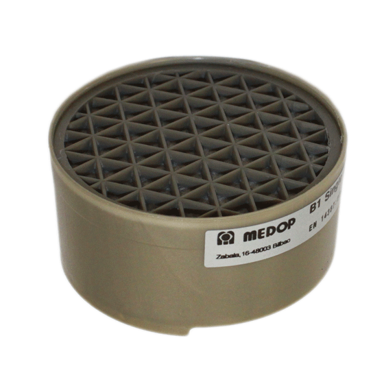 El filtro B1 de Medop, un protector Respiratorio con marcado B1, protege frente a gases y vapores, válido para buconasales de 1 filtro con cierre a Bayoneta.