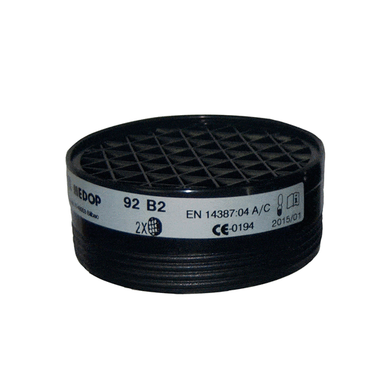 B2 filter from Medop, a respiratory protector with a B2 marking, protects against gases and vapours, for use with half masks with a threaded closure.