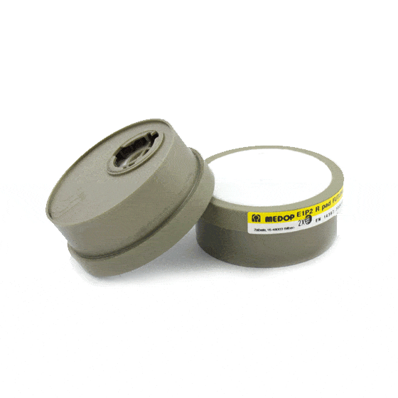 El filtro E1P2R PAD de Medop, un protector Respiratorio con marcado E1P2R PAD, protege frente a Partículas y Gases y Vapores, válido para buconasales con cierre a Bayoneta.
