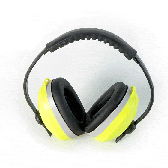 Headphones with fluorescent yellow cushioned headband which allows the wearer to be seen. SNR 32 dB