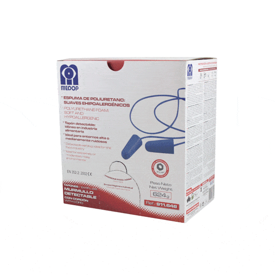 Single use, detectable hypo-allergenic blue conical foam earplugs with cord. SNR 36 dB