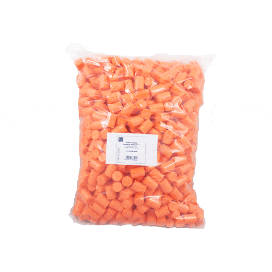 Medop orange single use earplugs. Cylindrical shape, made of hypo-allergenic foam. They gently expand inside the ear canal. Ideal for noisy environments. SNR 27 dB