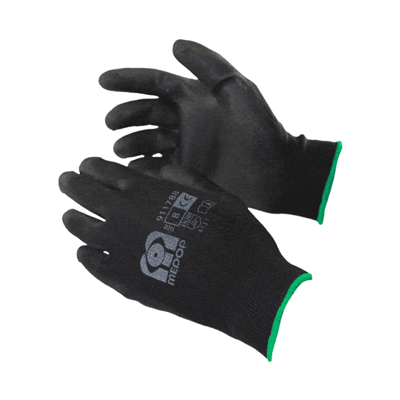 Gants réutilisables de Medop en nylon avec revêtement en polyuréthane, de couleur noire. Perméables, très résistants et flexibles.