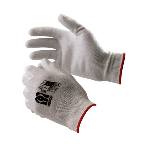 Reusable white nylon gloves with polyurethane coating