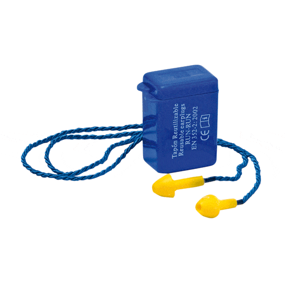 Reusable yellow silicone earplugs with cord. SNR 22 dB