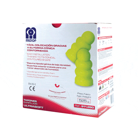 Earplugs from Medop made of hypo-allergenic material designed to withstand job positions with high temperatures and continuous noise exposure. SNR 27 dB